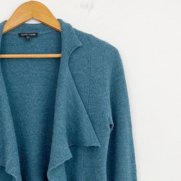 Eileen Fisher Merino Wool Teal Draped Open Front Long Sleeves Sweater Cardigan S - Picture 4 of 16